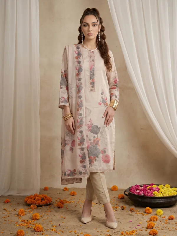 Beige_Floral_Print_Unstitched_Suit_Material_With_Dupatta_For_Women