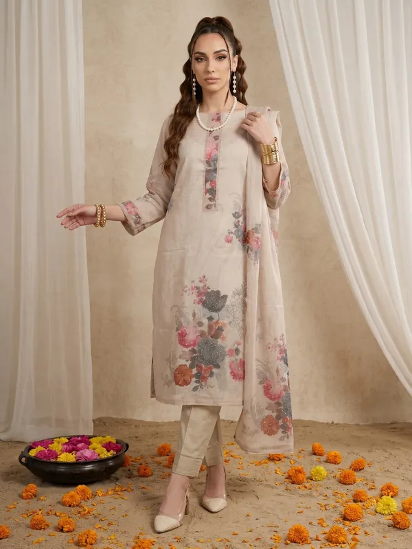 Beige_Floral_Print_Unstitched_Suit_Material_With_Dupatta_For_Women