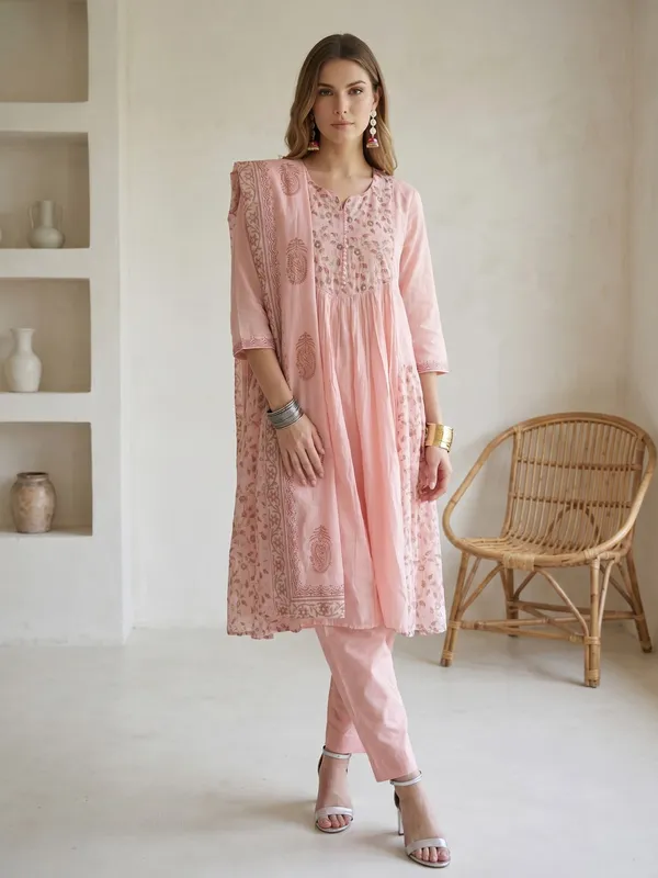 Pink_Mul_Chanderi_Embroidered_Anarkali_Kurta_Set_With_Mirror_Work_For_Women