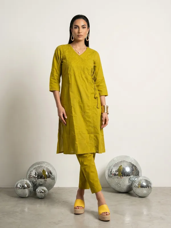 Green_Cotton_Embroidered_Angrakha_Kurta_Set_For_Women