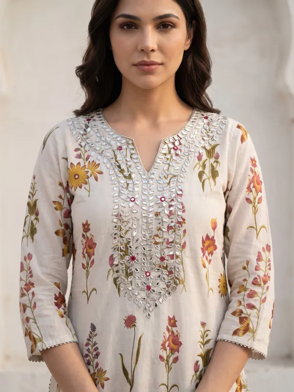 Off_White_Floral_Print_Embroidered_With_Gota_Work_Kurta_Set_For_Women