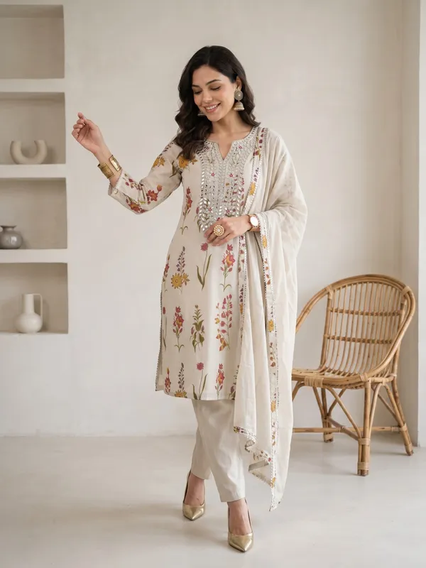 Off_White_Floral_Print_Embroidered_With_Gota_Work_Kurta_Set_For_Women