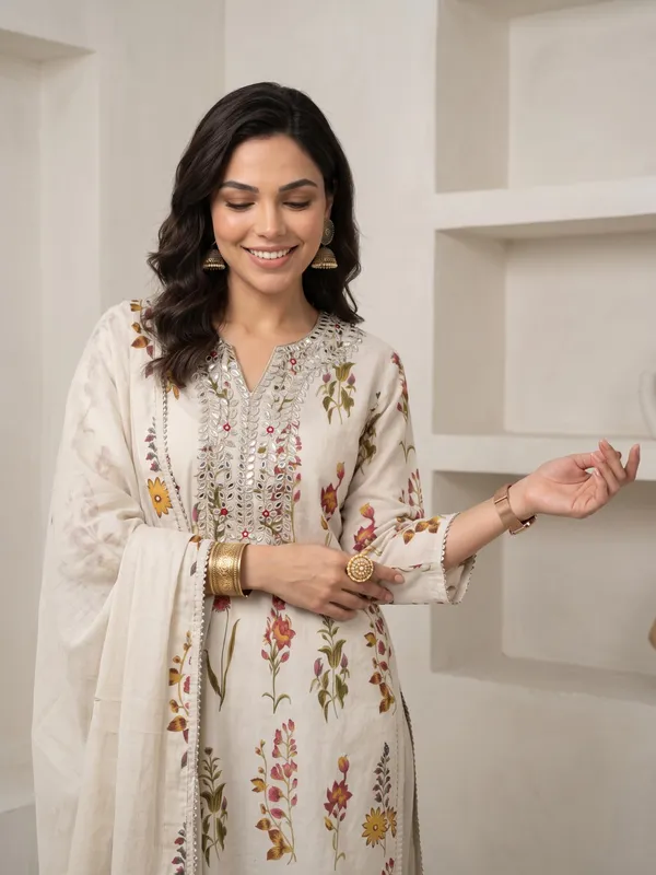Off_White_Floral_Print_Embroidered_With_Gota_Work_Kurta_Set_For_Women