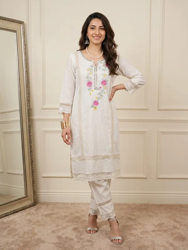 White_Pure_Schiffli_Cotton_Embroidered_Kurta_Set_For_Women