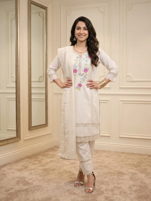 White_Pure_Schiffli_Cotton_Embroidered_Kurta_Set_For_Women