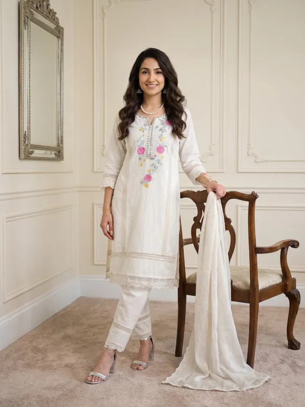 White_Pure_Schiffli_Cotton_Embroidered_Kurta_Set_For_Women