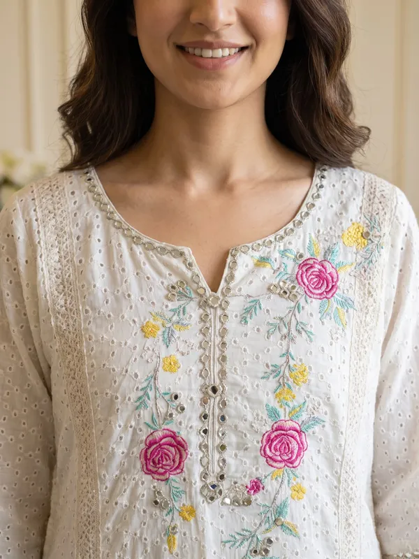 White_Pure_Schiffli_Cotton_Embroidered_Kurta_Set_For_Women
