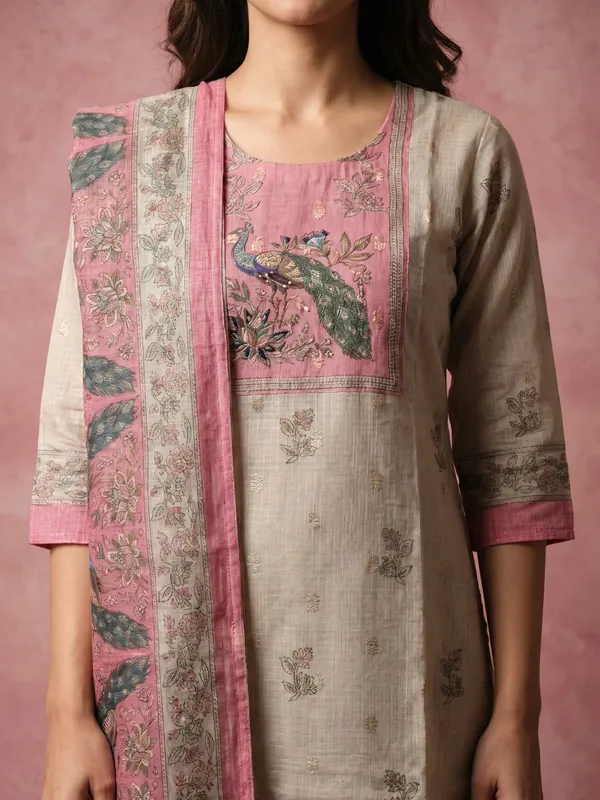 Beige_And_Pink_Embroidered_Kota_Doria_Ethnic_Suit_Set_For_Women