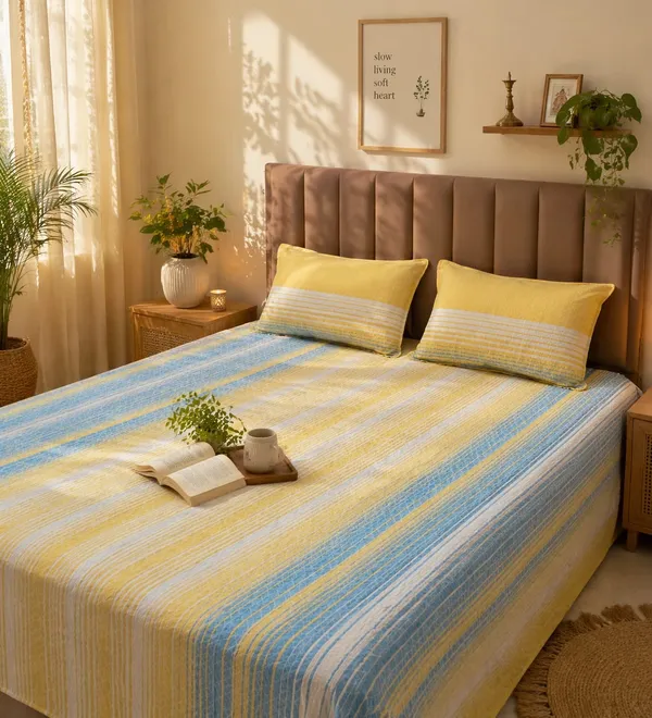 Yellow_&_Sky_Blue_Stripe_Handloom_Bedsheet_Set