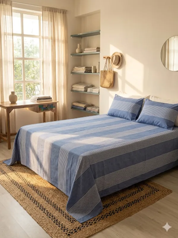 Indigo_Blue_Stripe_Handloom_Bedsheet_Set