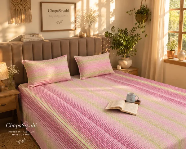 Pink_&_Lime_Stripe_Handloom_Bedsheet_Set