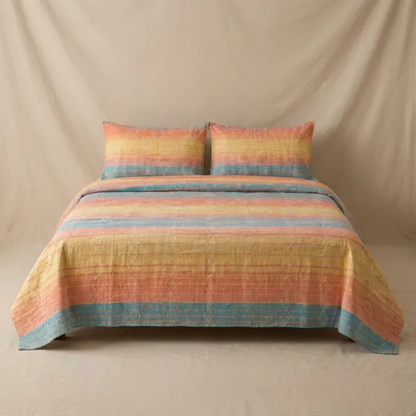 Peach_&_Blue_Multistripe_Handloom_Bedsheet_Set