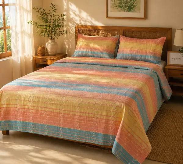 Peach_&_Blue_Multistripe_Handloom_Bedsheet_Set