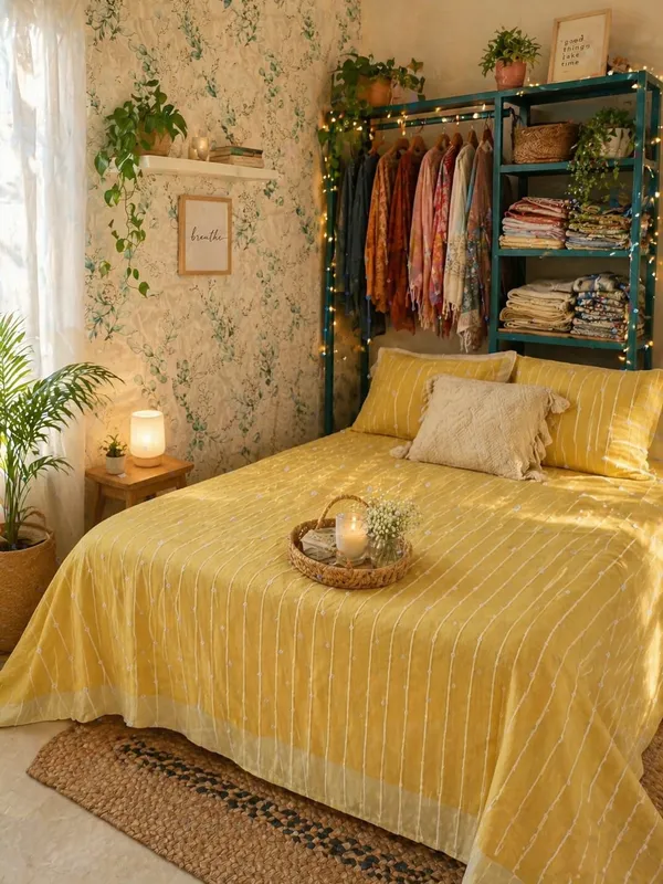 Mustard_White_Stripe_Handloom_Bedsheet_Set