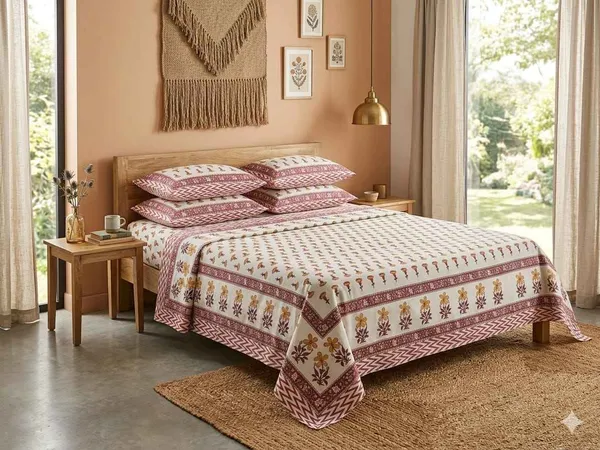 Beige_&_Maroon_Floral_Cotton_King_Size_Bedsheet