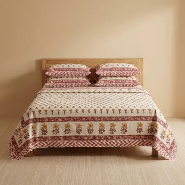 Beige_&_Maroon_Floral_Cotton_King_Size_Bedsheet