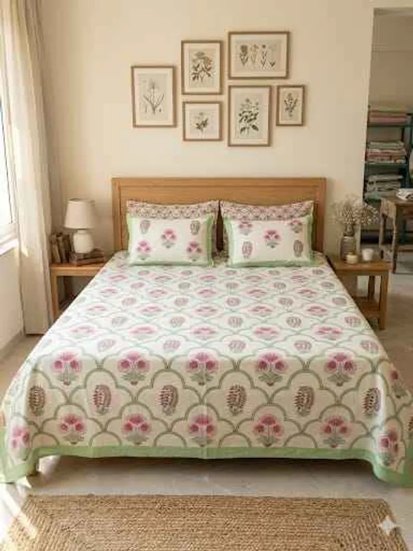Hari_Gulabi_Handblock_Floral_King_Size_Bedsheet