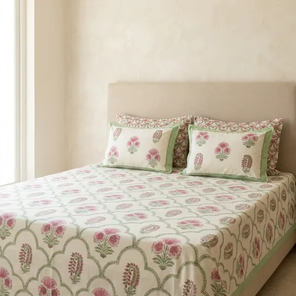 Hari_Gulabi_Handblock_Floral_King_Size_Bedsheet