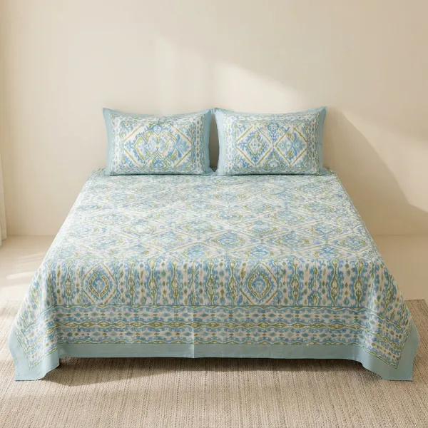 Aqua_Olive_Ikkat_Bedsheet