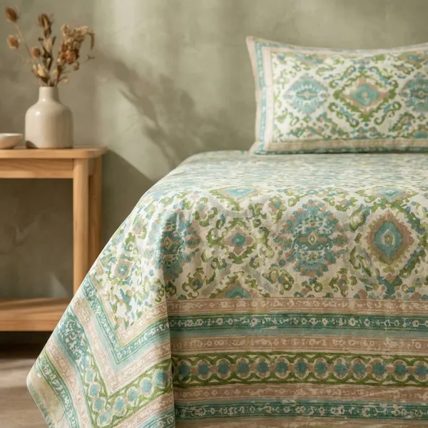 Olive_Teal_Ikkat_Bedsheet