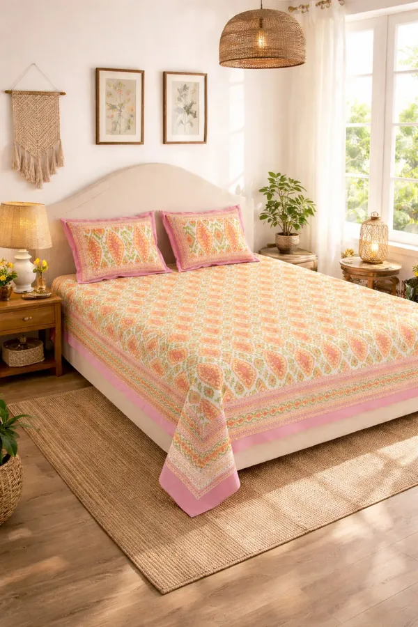 Peach_Pink_Ikkat_Bedsheet