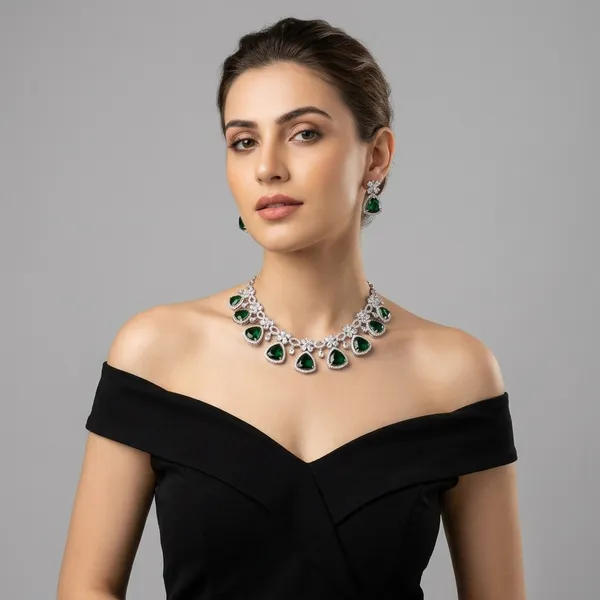 Silver_Green_Stone_Floral_Necklace_Set_With_Matching_Earrings