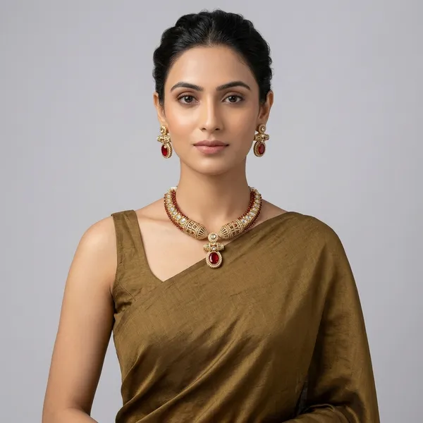 Gold_Plated_Kundan_And_Pearl_Choker_Necklace_Set_With_Earrings