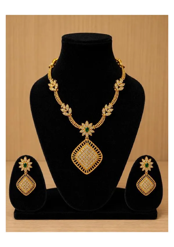 Gold_Plated_American_Diamond_Necklace_Set_With_Green_Stone