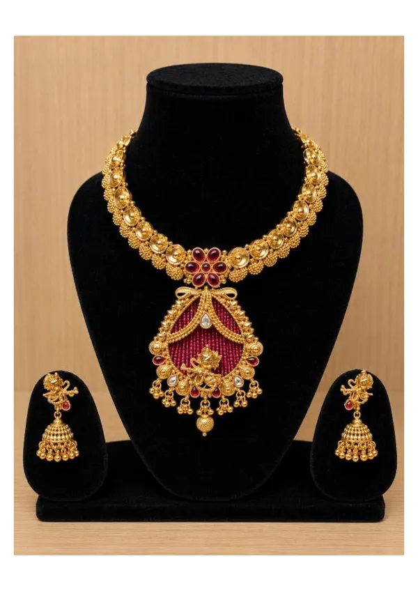 Golden_Maroon_Antique_Necklace_Set_With_Jhumka_Earrings
