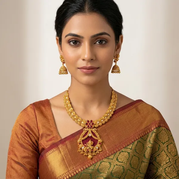 Golden_Maroon_Antique_Necklace_Set_With_Jhumka_Earrings
