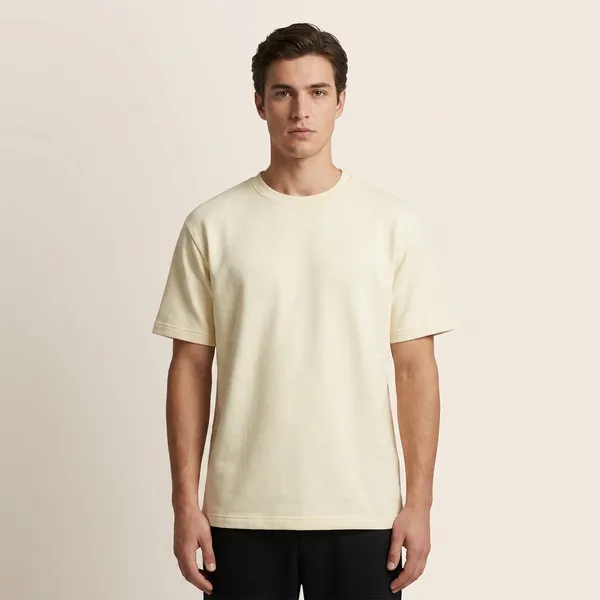 Cream_Cotton_Terry_Relaxed_Fit_Round_Neck_T-Shirt_For_Men
