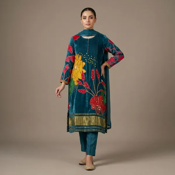 Teal_Premium_Silk_And_Velvet_Suit_For_Women