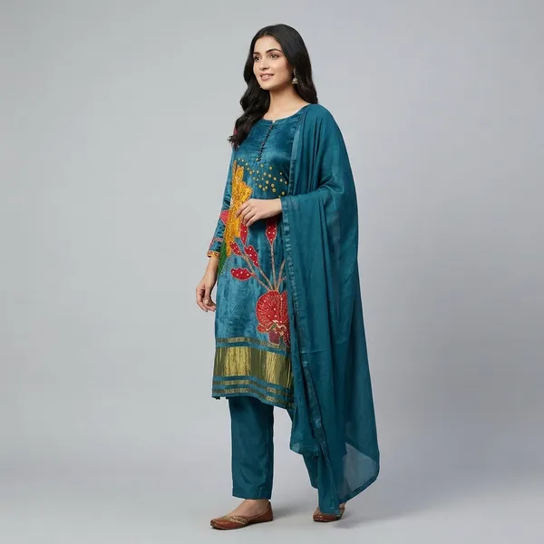 Teal_Premium_Silk_And_Velvet_Suit_For_Women