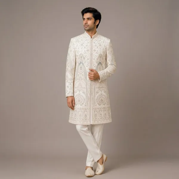 Cream_Premium_Silk_Sherwani_For_Men