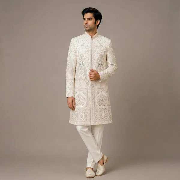 Cream_Premium_Silk_Sherwani_For_Men