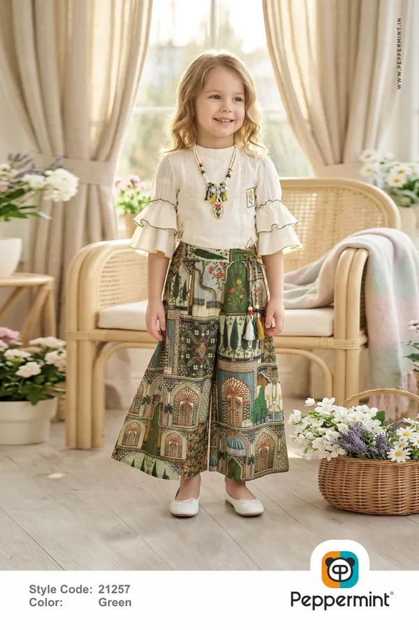 White_And_Green_Premium_Cotton_And_Hosiery_Flared_Palazzo_With_Top_For_Girls