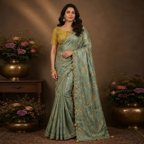 Sage_Green_And_Mustard_Yellow_Premium_Viscose_Saree_With_Blouse_Piece_For_Women