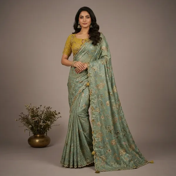 Sage_Green_And_Mustard_Yellow_Premium_Viscose_Saree_With_Blouse_Piece_For_Women