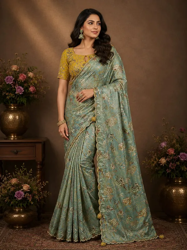 Sage_Green_And_Mustard_Yellow_Premium_Viscose_Saree_With_Blouse_Piece_For_Women
