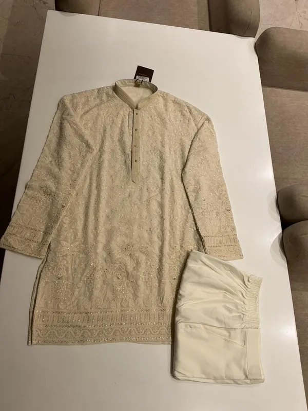 Cream_Premium_Silk_Kurta_Pajama_For_Men