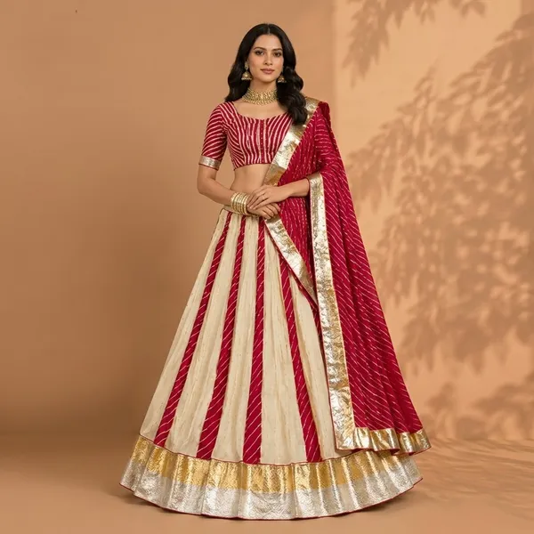 Red_And_Off_White_Premium_Leheriya_Georgette_Unstitched_Lehenga_For_Women