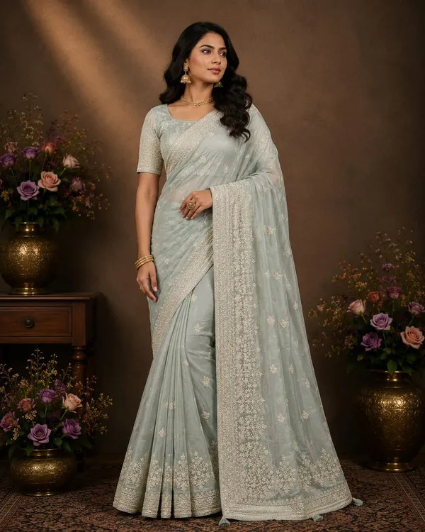 Powder_Blue_Premium_Organza_Saree_With_Blouse_Piece_For_Women