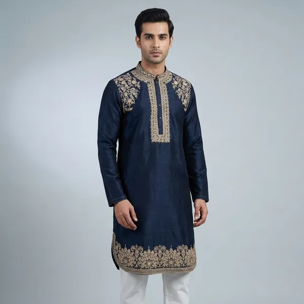 Navy_Blue_Premium_Silk_Kurta_Pajama_For_Men