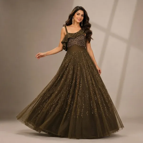 Olive_Green_Premium_Net_Stitched_Gown_For_Women