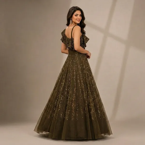 Olive_Green_Premium_Net_Stitched_Gown_For_Women