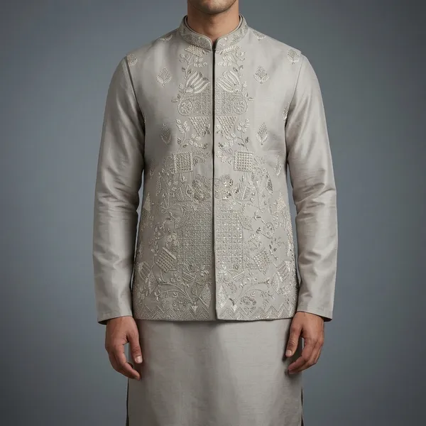 Grey_Premium_Silk_Kurta_Pajama_For_Men