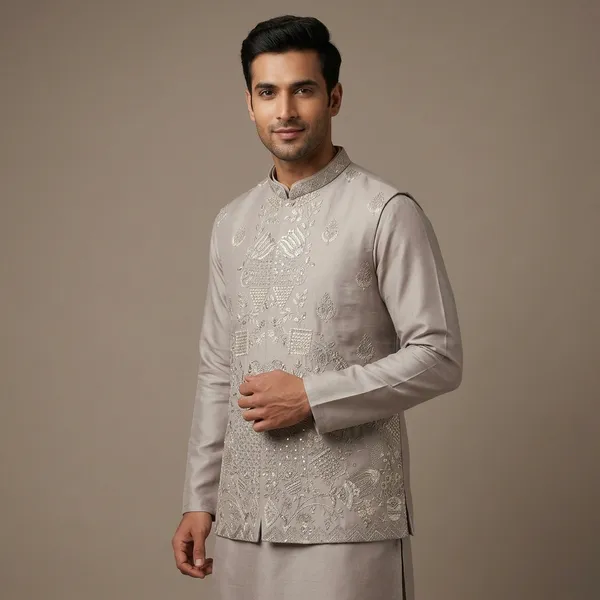 Grey_Premium_Silk_Kurta_Pajama_For_Men