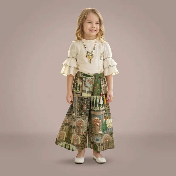 White_And_Green_Premium_Cotton_And_Hosiery_Flared_Palazzo_With_Top_For_Girls