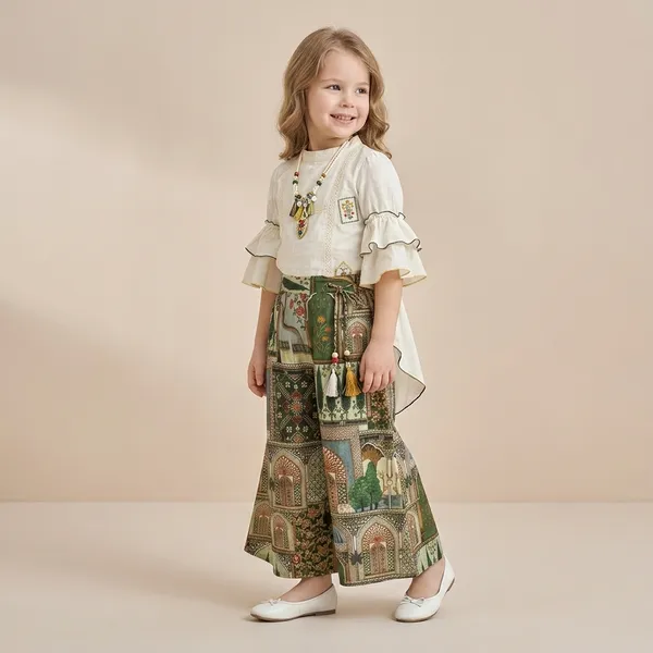 White_And_Green_Premium_Cotton_And_Hosiery_Flared_Palazzo_With_Top_For_Girls