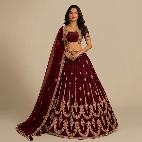 Maroon_Premium_Glass_Tishu_Unstitched_Lehenga_For_Women